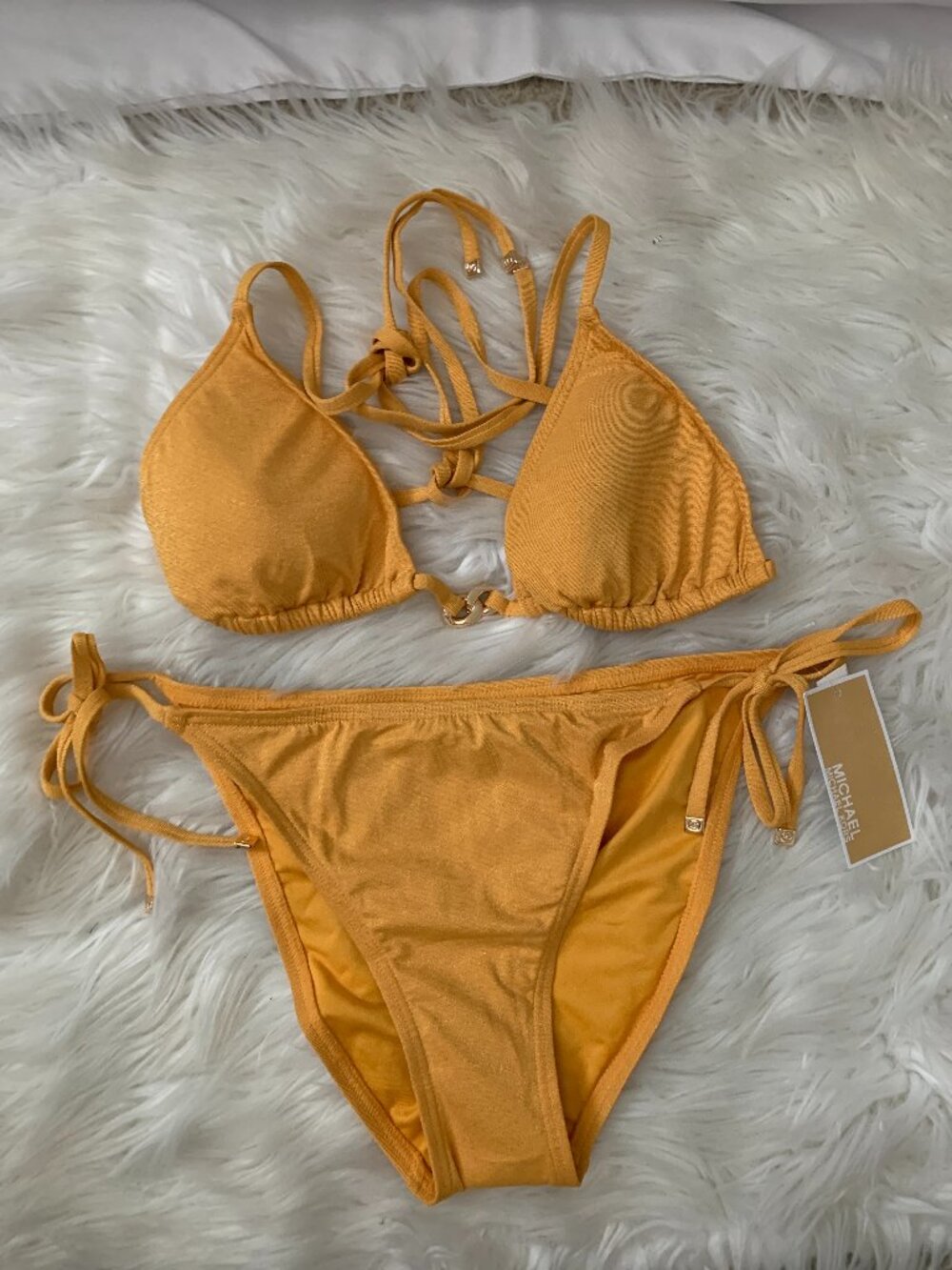 MICHAEL KORS Glitter Yellow Triangle String Bikini Set Sz LARGE